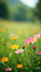 Obraz premium Softly focused wildflowers in a serene and peaceful meadow, scenery, nature, soft focus