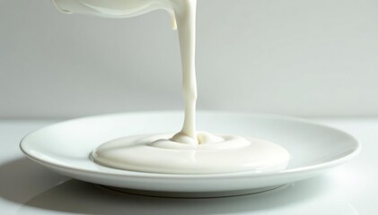 Softly falling milk onto a snowy white porcelain plate, natural, porcelain