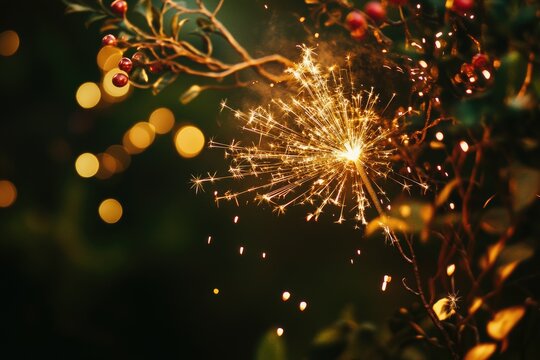 Close-up shot of a sparkler on a tree branch, great for party or celebration scene
