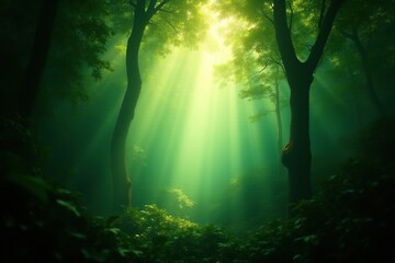 Obraz premium Sunlight filters through the dense canopy of a tropical rainforest, leaves, misty, branches