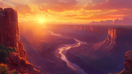 Fototapeta premium Sunset view of a canyon with rugged rock formations and a river valley. Frosted Canyon. Illustration
