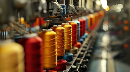 Obraz premium Colorful thread spools lined up on industrial sewing machine in textile factory. Vibrant red, yellow and blue threads create depth perspective, perfect for manufacturing and fashion industry concepts.