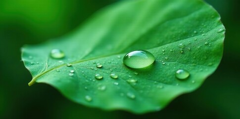Water droplets on the surface of a large green leaf, macro, texture, leaf