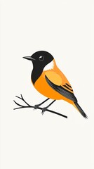 Fototapeta premium Orange and Black Bird on a Branch: A minimalist nature illustration of a small, vibrant bird perched delicately. Perfect for bird lovers and wildlife enthusiasts.