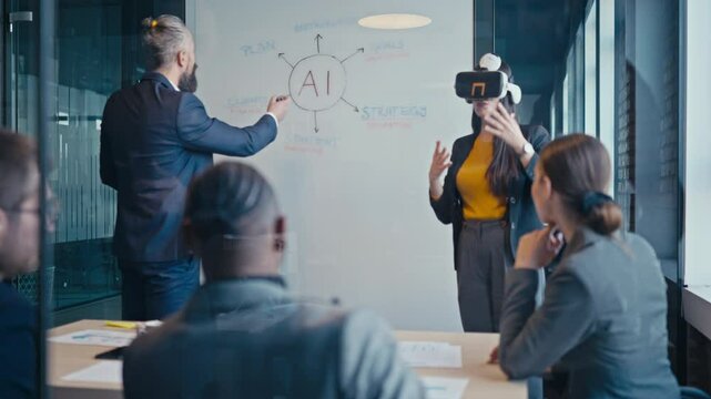 Business team in a modern office collaborating on artificial intelligence strategy, with one woman using virtual reality glasses. Concept of innovation, AI development, and teamwork - Powered by Adobe