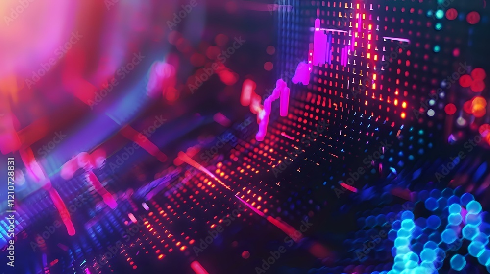 Poster vibrant digital technology background with glowing neon grid pattern and bokeh lights in purple and 