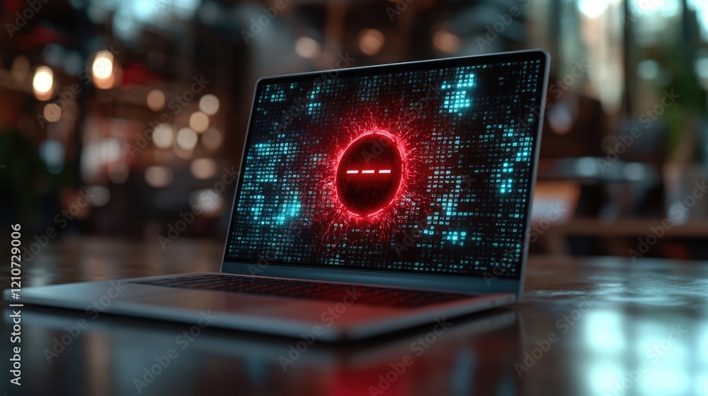 Poster a laptop computer placed on a table with a straightforward description and one phrase suggesting its