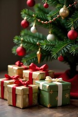 Decorative gift boxes under the Christmas tree with festive holly, Holiday Cheer, Seasonal