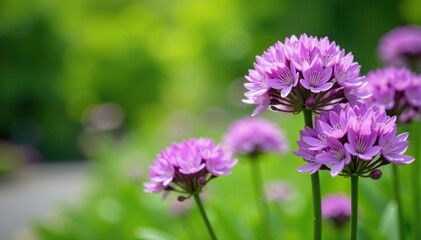 Obraz premium Delicate purple Allium flowers blooming in a lush garden, greenery, spring