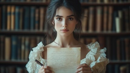 Woman holding a letter in a library mystery theme. Generative AI