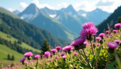 Fototapeta premium delicate pink thistle flowers blooming on a hillside amidst majestic mountains, mountain scenery, wildflowers