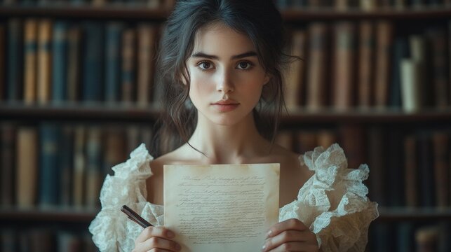 Woman holding a letter in a library mystery theme. Generative AI