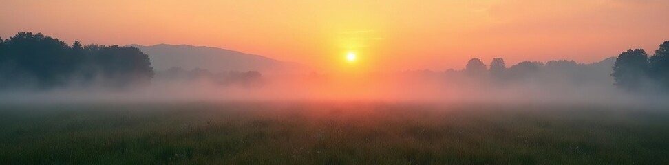 Softly glowing sunrise illuminates the misty landscape of a foggy field, , natural scenery