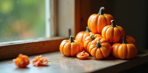 Bunch of candy pumpkins on a ceramic table beside a window, candy pumpkins, windowpane