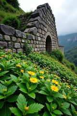 ferns and wildflowers surround ancient stone wall, overcast sky, ancient
