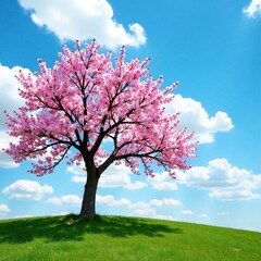 Fototapeta premium A bare cherry blossom tree with pink blossoms against a blue sky, Canterbury, landscape, sky