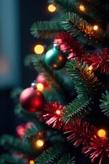 Colorful lights and tinsel on a Christmas tree, christmas tree, festive, lights