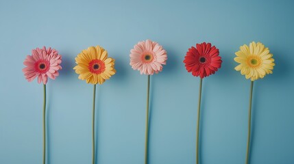 A vertical arrangement of colorful gerbera daisies pops against a gentle blue background, creating a lively and joyful botanical display.