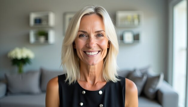 Smiling mature woman in a modern living room.  Positive and confident, she exudes happiness and well-being.
