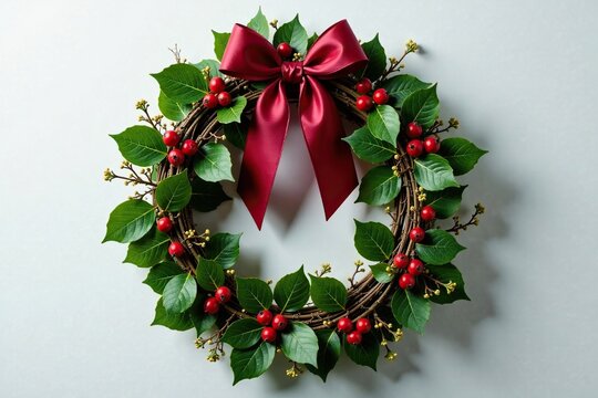 A delicate grapevine wreath wrapped in a rich burgundy ribbon, wreath, festive, holly-like foliage