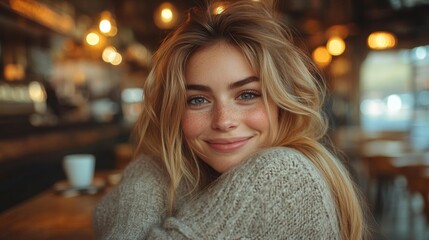 Obraz premium Portrait of a woman smiling at the cafe. Generative AI