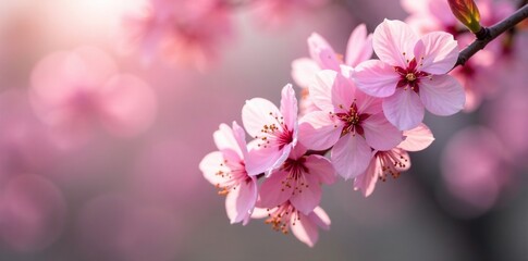 Obraz premium Cherry blossom branch covered in soft pink petals, spring, flowers