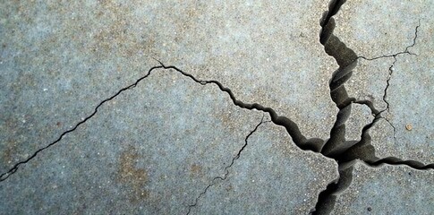Cracked concrete foundation with large fissures on corner, crumbling, cracks, water damage