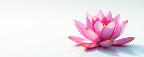 Obraz premium Delicate pink lotus blooms on a serene white background, its petals gently unfolding, water lily, pink lotus, nature