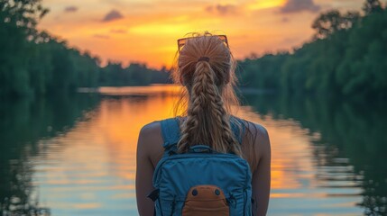 Obraz premium Watching the sunset from a riverbank with a braided hairstyle and a backpack
