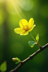 Obraz premium A small yellow flower blooms on a thin branch, sunshine, branch