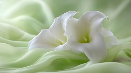 Obraz premium Two White Calla Lilies Resting on Pale Green Fabric