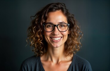 Obraz premium Smiling middle-aged woman wearing glasses in studio portrait. Attractive female with curly brown hair. Pro, happy expression. Businesswoman looks directly at camera. Portrait style in dark