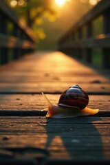 Snail's shell glistens in fading sunlight on wooden bridge, colors, gentle, wood