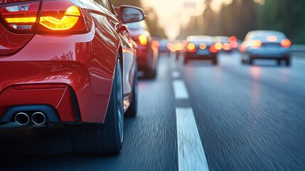 Naklejka premium Red sports car leads a line of vehicles on a busy highway during sunset in the evening