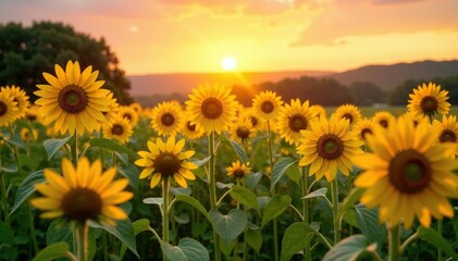 Tall grass and wildflowers surround the sunflowers in the golden light, natural scenery, countryside, sunset