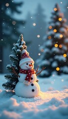 Fototapeta premium A small snowman beside a fallen Christmas tree with snowflakes gently falling around it, snowflake,