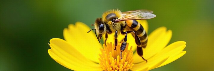 Yellow and black striped bee collects pollen from a bright yellow flower, flower, black, insect