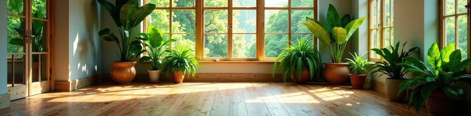 Fototapeta premium Wooden floorboards, lush greenery, filtered sunlight streaming through windows, filtered, floorboards