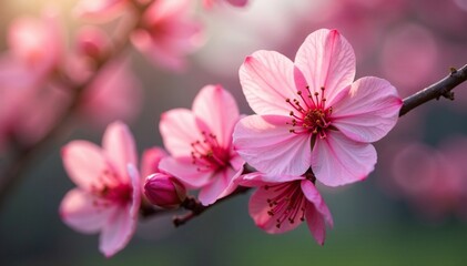 Fototapeta premium Delicate pink petals unfolding on a spring branch, petals, garden, flowers