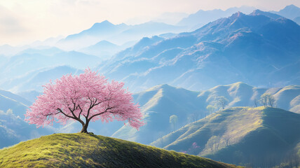 山間の丘に佇む一本桜の春景色
