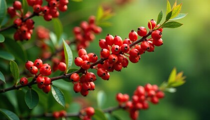 Obraz premium Closeup of fiery red berries on a bushy Heavenly Bamboo plant, heathery foliage, nandina domestica, late summer flowers