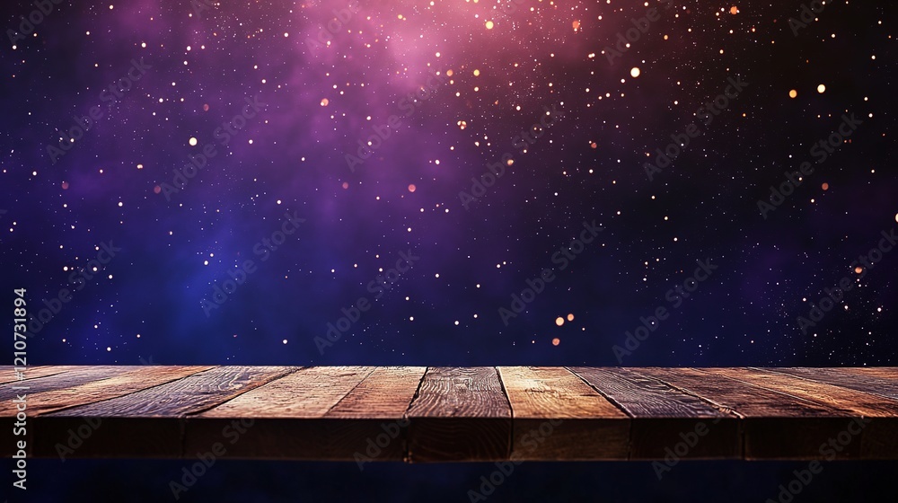 Poster abstract blue background with particles and flashes of light and a wooden pedestal for placing any o