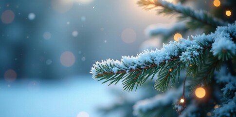 Frosty Christmas branches with delicate snowflakes, christmas tree, frost