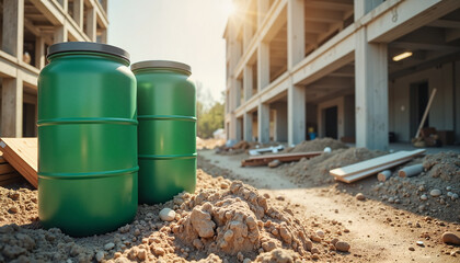 Green rain barrels at construction site during daylight, industrial utility