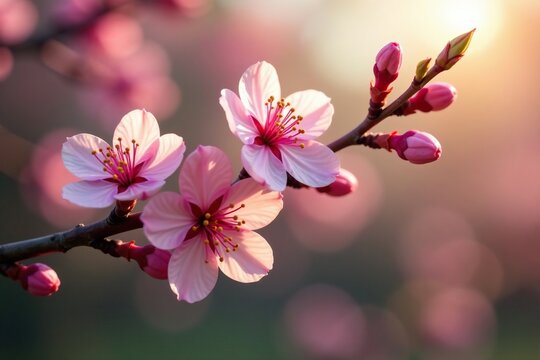 Delicate pink blossoms unfolding on a bare branch in morning light, twig, foliage, nature