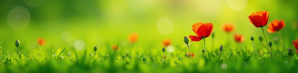 Tiny red poppies peek out from behind a lush green grass, landscape, poppy