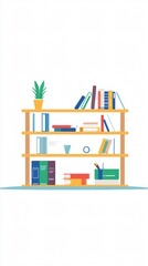 Fototapeta premium Wooden Bookshelf with Books, Plant, and Office Supplies - Cozy Reading Nook Decor