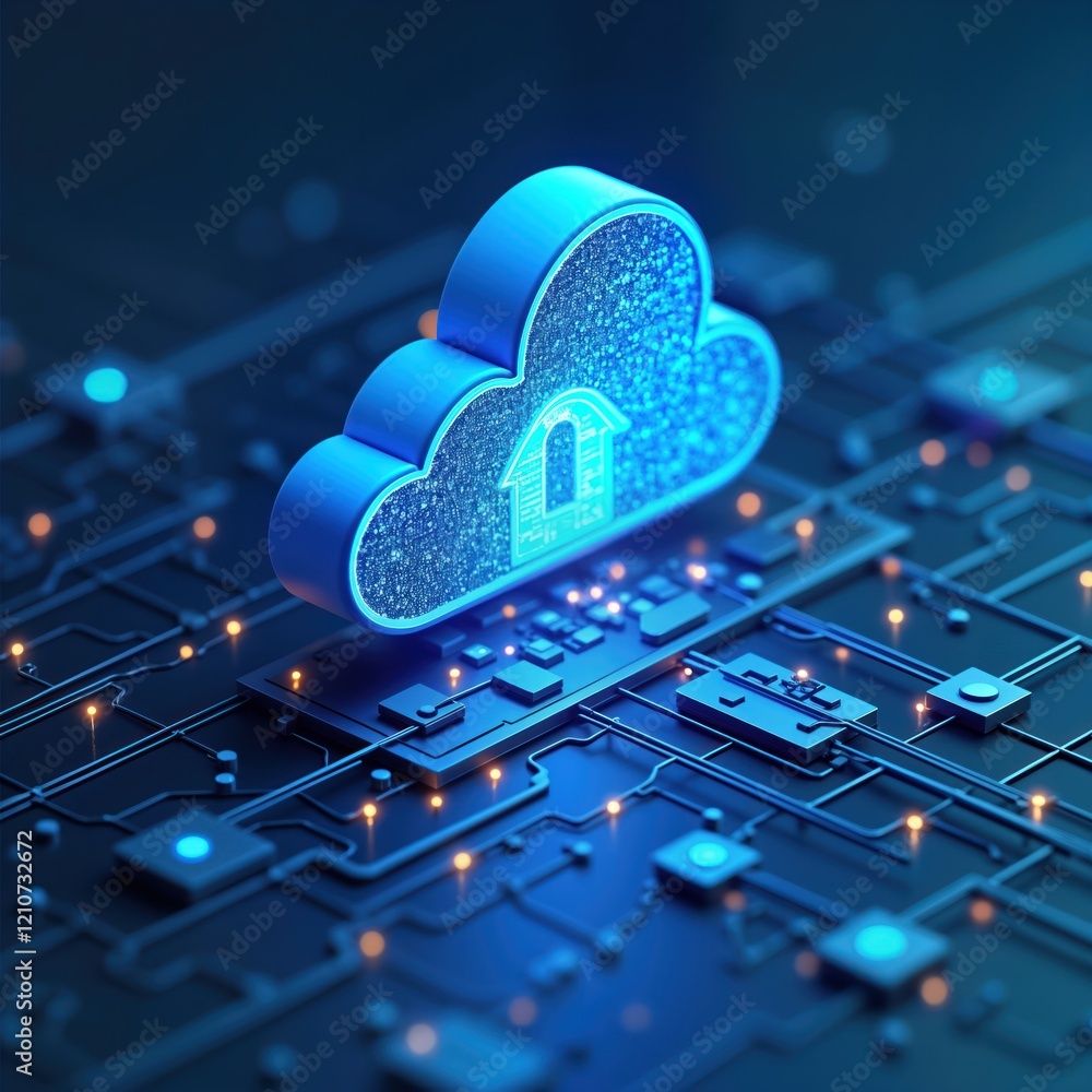 Poster futuristic 3d illustration of glowing blue cloud storage concept over complex circuit board. cloud s