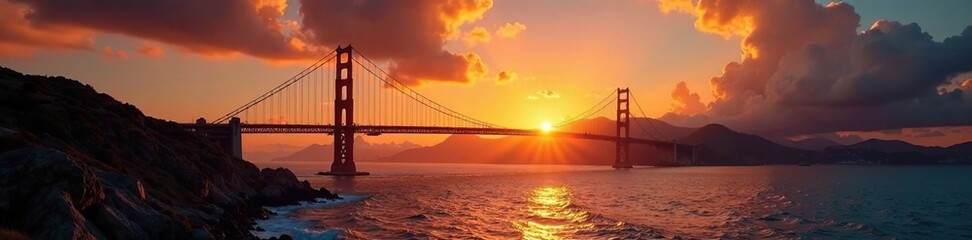 Clouds bring golden hues to suspension bridge at breathtaking sunset moment, golden hue, rocks, sunset