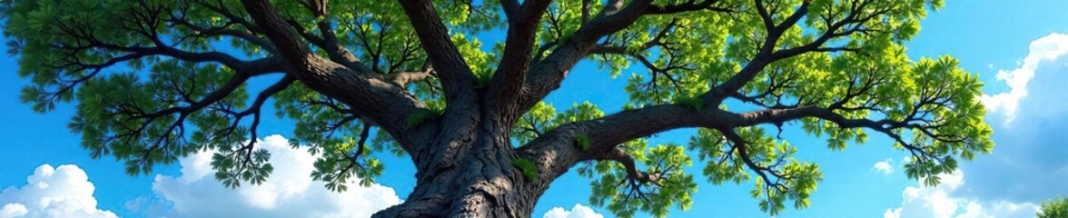 Fototapeta premium Brilliant blue sky above ancient massive tree, branches, trees